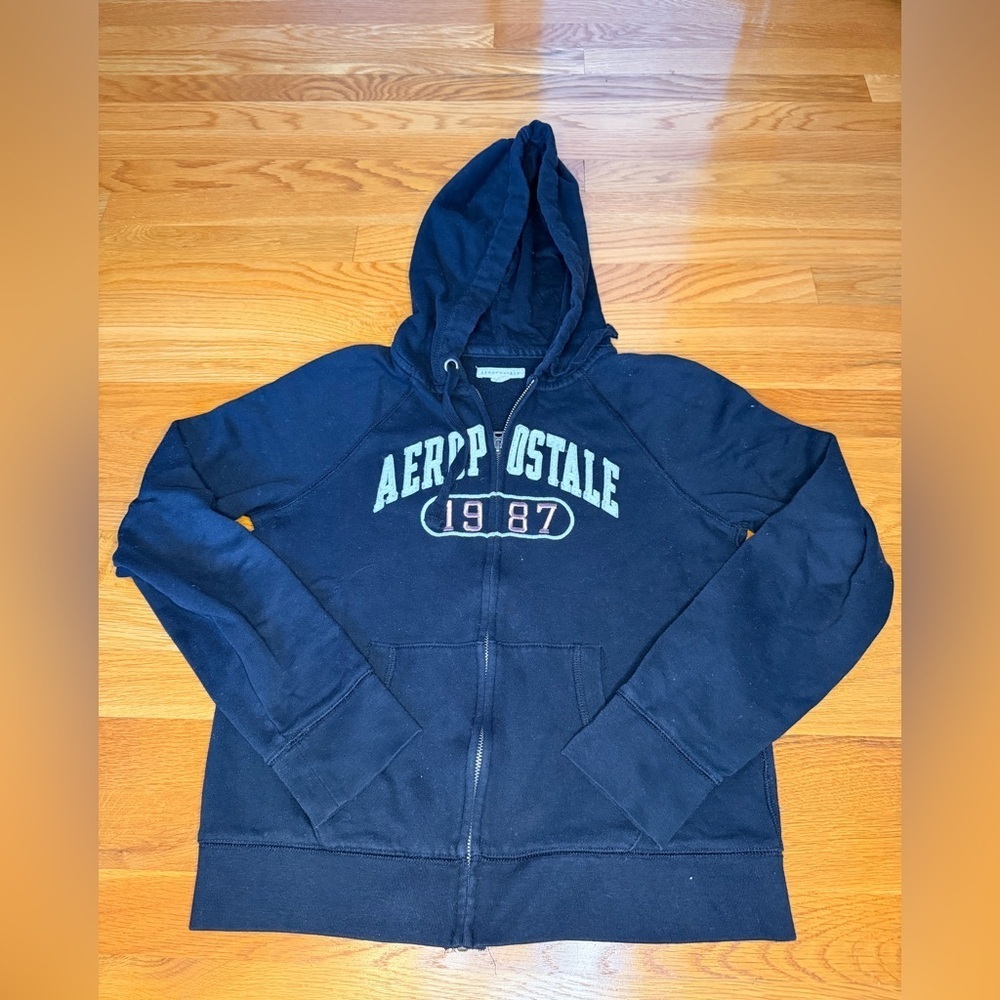 Aeropostale Black Zip Up Hoodie Vintage Y2K 1987 Logo Size M